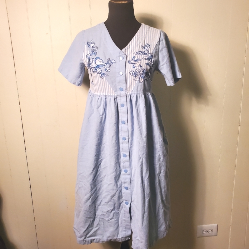 Go Softly Petites Patio Chambray Embroidered  Beaded House Dress Coat Muumuu PP